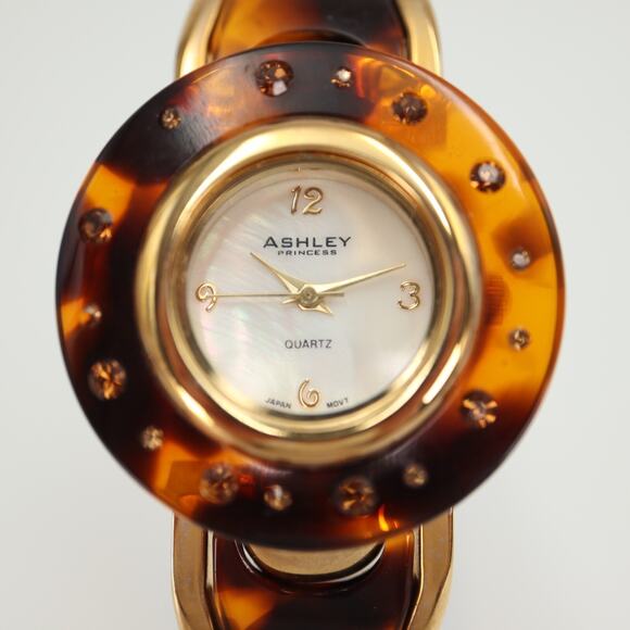 Ashley Princess Womens Watch MOP Dial Tortoise Jewel Bezel Cuff Bracelet Working - Picture 7 of 13